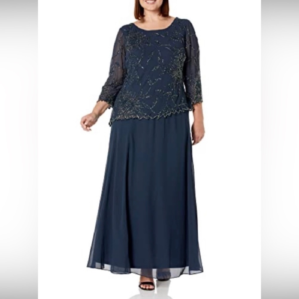 J Kara Women's Plus Size 3/4 Sleeve Beaded Mock 2 Piece Dress, Navy